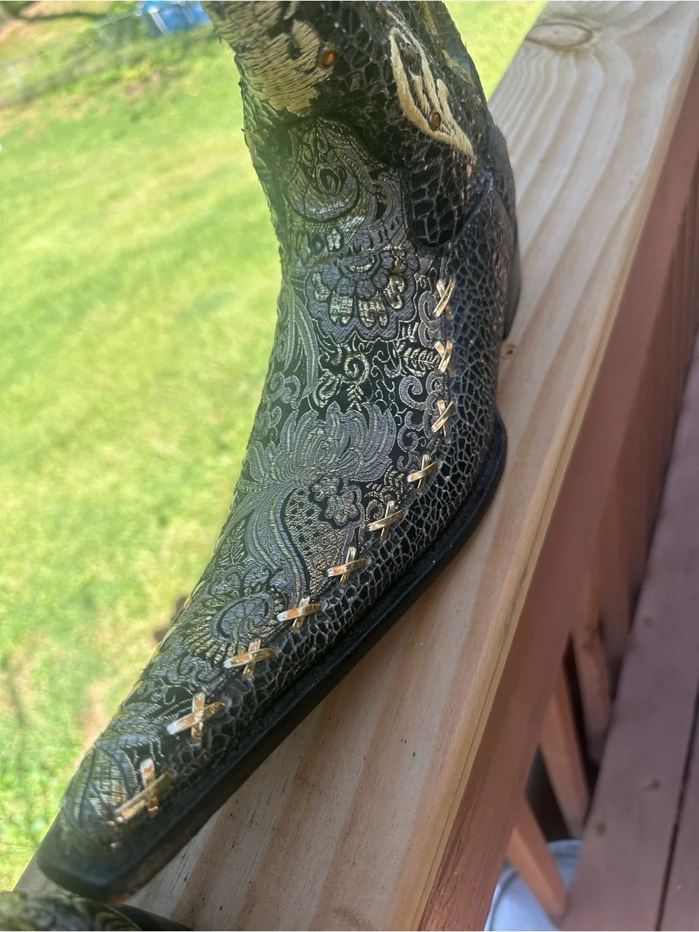 Black Embossed Leather Western Cowboy Boots with Gold Stitching